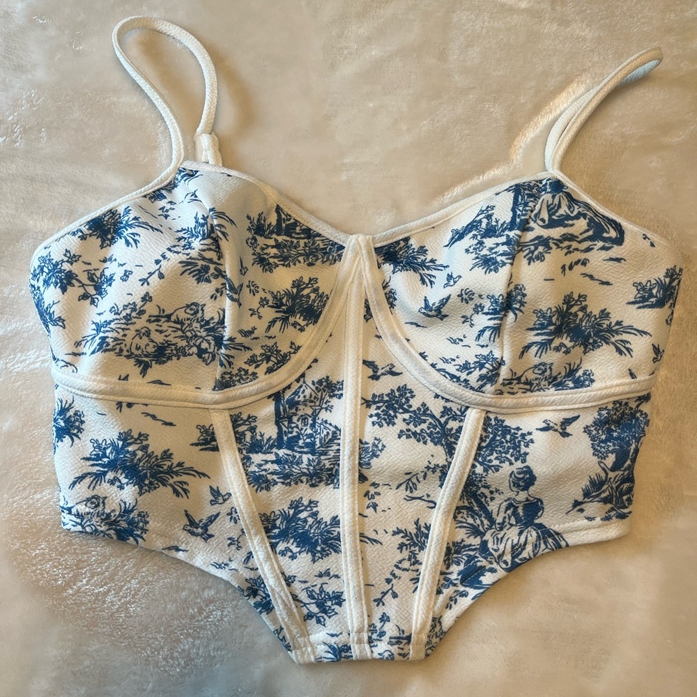 Blue and White Toile Print Bustier Top